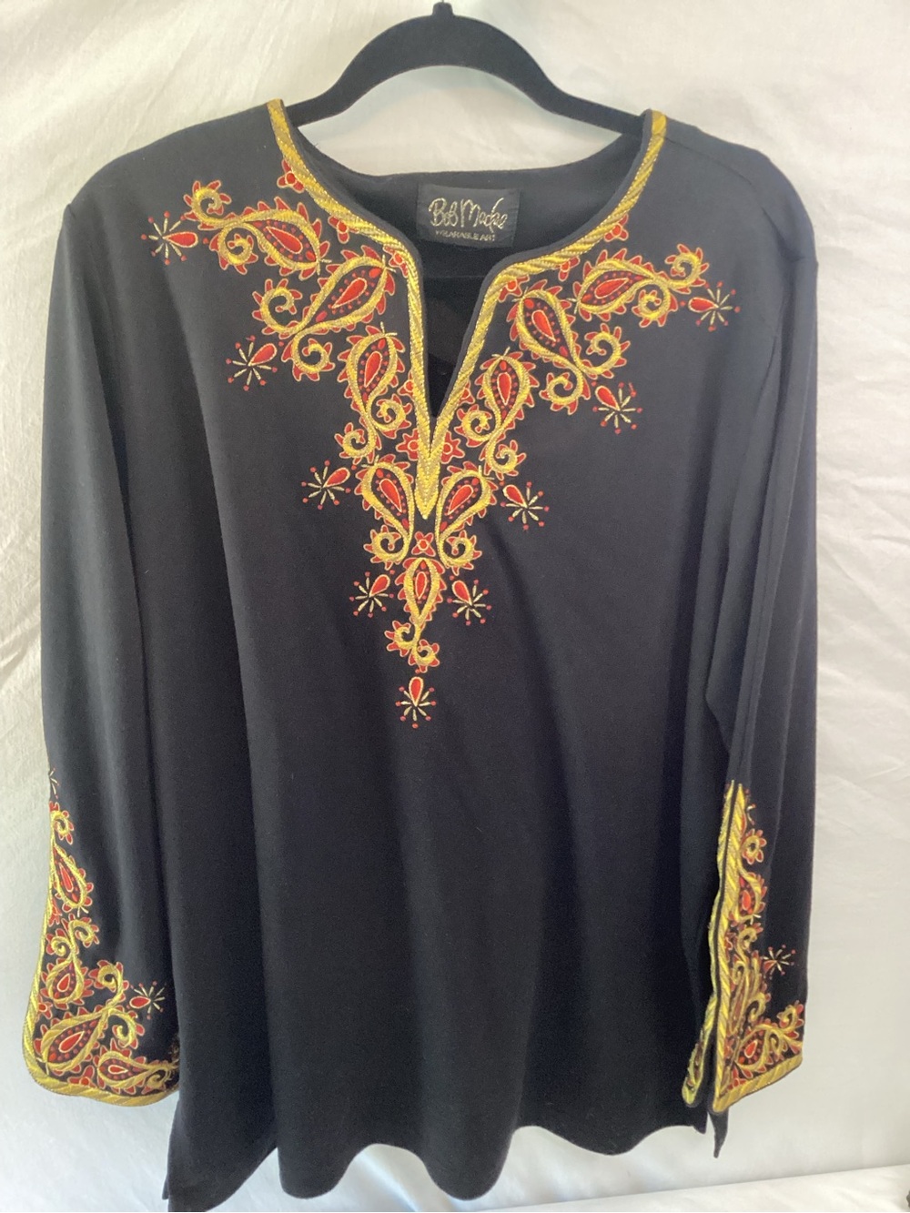 Bob Mackie Black Tunic with Red and Gold Paisley Embroidery Wearable Art